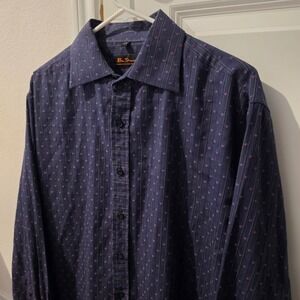 Ben Sherman Mens Navy Blue Striped Dotted Button Down Shirt Cotton Large L